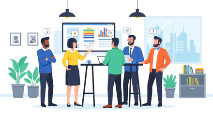 Poster - Team brainstorms data insights during office meeting, a collaborative session with colleagues analyzing charts and graphs.
