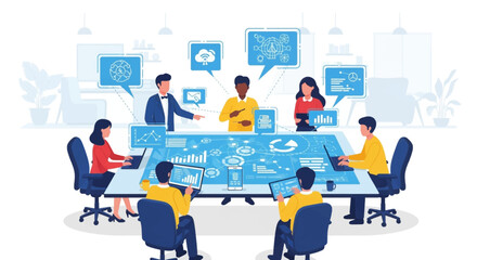 Poster - Diverse business team collaborates at a tech-enabled meeting table, discussing data analytics and cloud computing strategy.