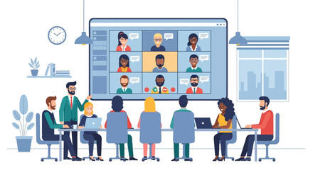 Poster - Group of diverse colleagues attending virtual meeting on big screen in office, business collaboration and communication concept