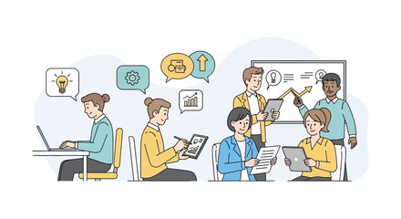 Poster - Diverse team collaborating in business setting, sharing ideas, using technology and developing strategies for project growth and success.