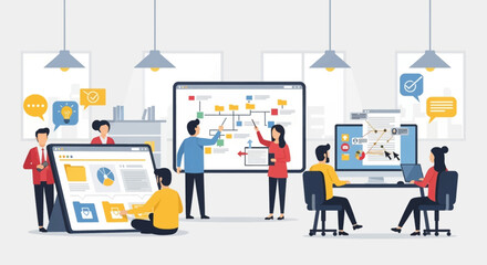 Poster - Team collaborates on project planning in modern office, using digital devices for presentations and data analysis with charts.