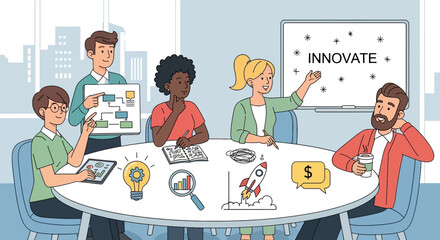 Poster - Diverse team collaborates, brainstorming innovative solutions and strategies during a dynamic meeting in a modern office environment.