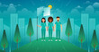 © Apolinar - Liderazgo en enfermería y trabajo en equipo – ilustración de profesionales de la salud diversos liderando con unidad en un entorno urbano, representando valores de compromiso y cuidado