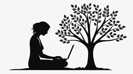 Fototapete - Silhouette of a woman sitting with a laptop under a tree with leaves in black and white design art