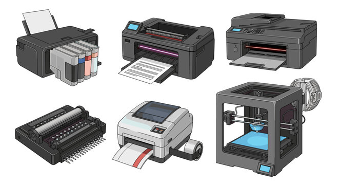 Illustration showcasing various types of printers including inkjet laser dot matrix and a d printer on white on transparent background