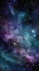 Wall Mural - Vibrant purple and blue nebula clouds swirl through deep space with glowing dust and bright stars on a black backdrop, creating a cosmic dreamscape.