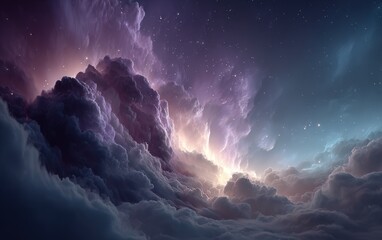 Wall Mural - Vibrant purple and blue nebula clouds swirl through deep space with glowing dust and bright stars on a black backdrop, creating a cosmic dreamscape.