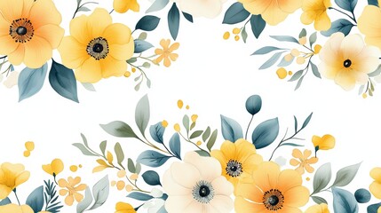 Poster - Abstract bunches of yellow and coral wildflowers in soft watercolor style, with pastel tones and Scandinavian charm. Seamless floral pattern on white, light and delicate.