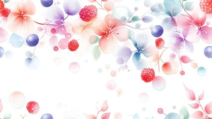 Poster - Abstract soft brush strokes of mixed berry clusters, blending mint, lilac, and coral in a romantic Nordic wall pattern with watercolor charm.