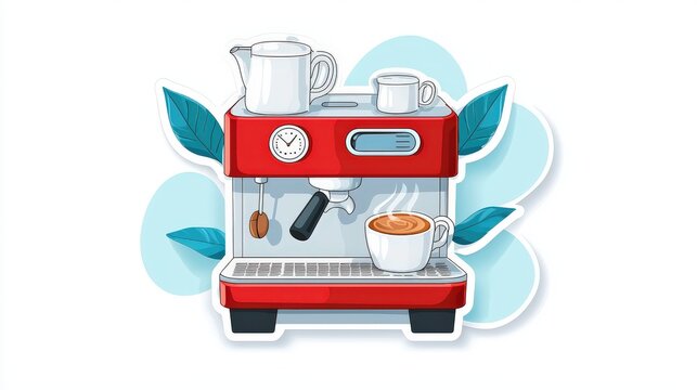 Clipart-style espresso machine in clean, minimal illustration form, sticker-ready with white background.