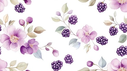 Poster - Elegant blackberries in abstract watercolor, light violet and sage tones, romantic Scandinavian seamless wall pattern with soft edges and natural flow.