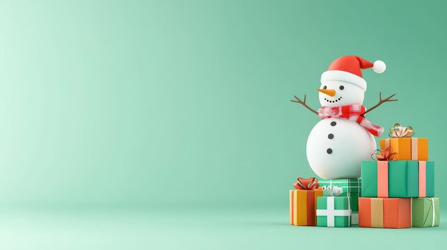 Mezzotint illustration of a minimalist paper cut snowman character balancing a stack of wrapped Christmas presents and grocery bags, festive shopping scene, green background