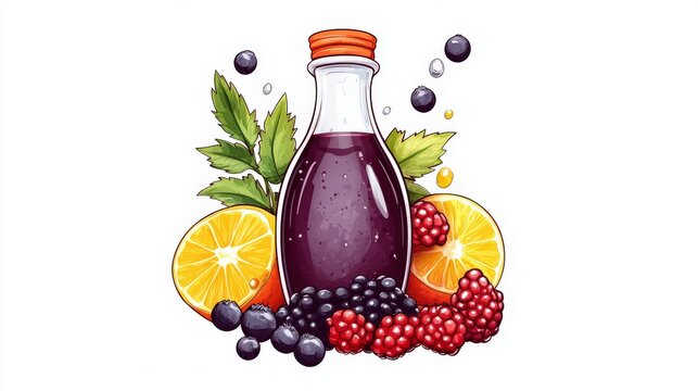 Playful and elegant pop art sticker design showcasing Elderberry syrup bottle with vivid colors, comic book-inspired shading, and fresh fruit illustrations on white for print media.