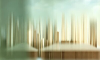Poster - 
Blurred background in light green and beige colors, with an abstract pattern of vertical lines and shapes. 