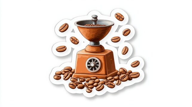 Simple sticker showing a vintage coffee grinder with beans around, elegant composition on isolated white.