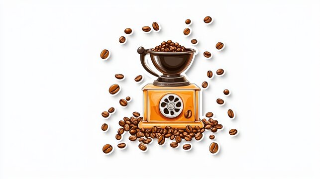 Simple sticker showing a vintage coffee grinder with beans around, elegant composition on isolated white.