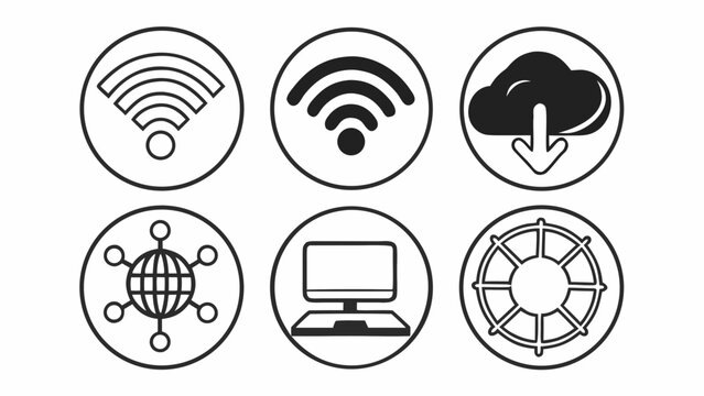 Black and white icons representing wifi, cloud download, globe and computer in circle frames created with generated ai