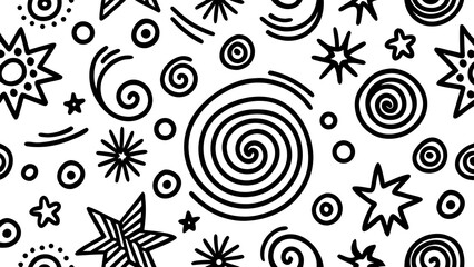 Aufkleber - Black and white seamless pattern with stars spirals and circles in a hand drawn doodle style design element created with generated ai