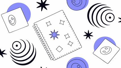 Aufkleber - Whimsical arrangement of geometric shapes with notebook and smiley faces in a playful design created with generated ai