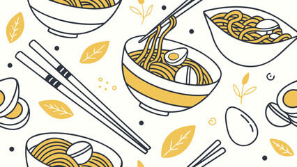 Aufkleber - Seamless pattern of ramen bowls with chopsticks, eggs, and leaves on a white background design style created with generated ai
