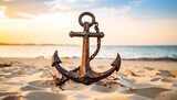 Rusty anchor on sandy beach at sunset (1)