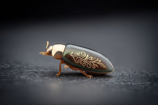 Detailed close-up of a stylized beetle, golden filigree design
