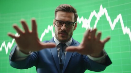 Poster - Smart Investment Insights: A confident professional gestures towards a dynamic stock market graph, symbolizing strategic thinking and investment acumen.