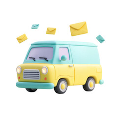 Leinwandbilder - Cute 3d mail van delivering letters and envelopes isolated on transparent background
