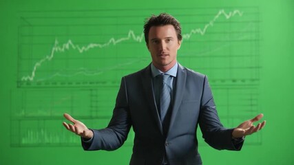 Poster - The Confident Executive: A composed professional, dressed in a smart suit, presents to the audience on a green backdrop with financial charts.