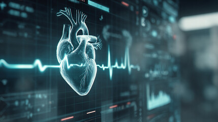 Wall Mural - Futuristic medical background with glowing cyan heart rate graph pulsing on a dark digital screen. Includes HUD interface elements and biometric visuals. Minimal layout with caption space on the side.