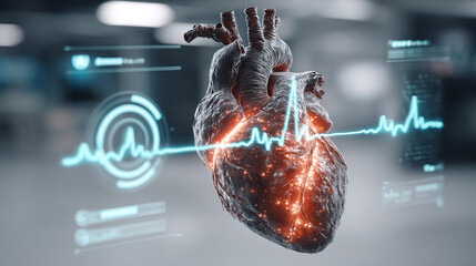 Wall Mural - Futuristic medical background with glowing cyan heart rate graph pulsing on a dark digital screen. Includes HUD interface elements and biometric visuals. Minimal layout with caption space on the side.