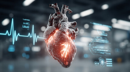 Wall Mural - Futuristic medical background with glowing cyan heart rate graph pulsing on a dark digital screen. Includes HUD interface elements and biometric visuals. Minimal layout with caption space on the side.