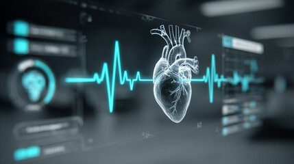 Wall Mural - Futuristic medical background with glowing cyan heart rate graph pulsing on a dark digital screen. Includes HUD interface elements and biometric visuals. Minimal layout with caption space on the side.
