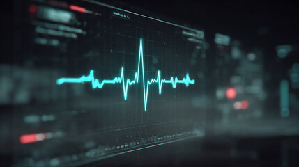 Wall Mural - Futuristic medical background with glowing cyan heart rate graph pulsing on a dark digital screen. Includes HUD interface elements and biometric visuals. Minimal layout with caption space on the side.