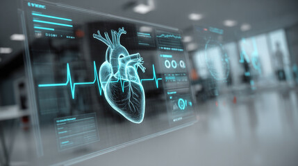 Wall Mural - Futuristic medical background with glowing cyan heart rate graph pulsing on a dark digital screen. Includes HUD interface elements and biometric visuals. Minimal layout with caption space on the side.