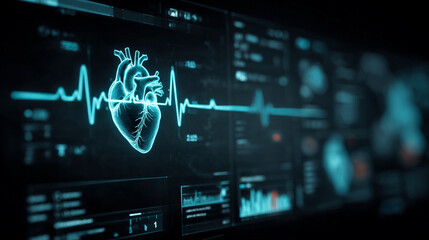 Wall Mural - Futuristic medical background with glowing cyan heart rate graph pulsing on a dark digital screen. Includes HUD interface elements and biometric visuals. Minimal layout with caption space on the side.