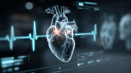 Wall Mural - Futuristic medical background with glowing cyan heart rate graph pulsing on a dark digital screen. Includes HUD interface elements and biometric visuals. Minimal layout with caption space on the side.