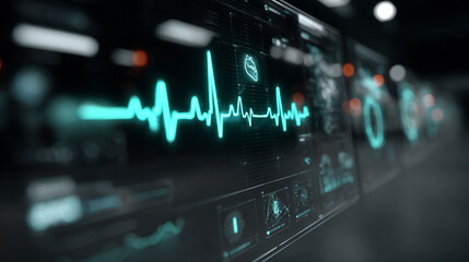 Wall Mural - Futuristic medical background with glowing cyan heart rate graph pulsing on a dark digital screen. Includes HUD interface elements and biometric visuals. Minimal layout with caption space on the side.