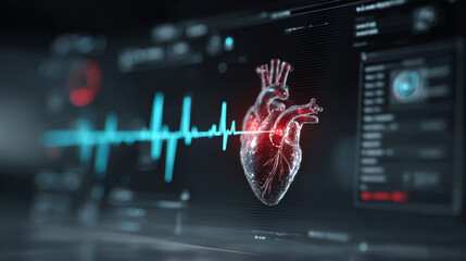 Wall Mural - Futuristic medical background with glowing cyan heart rate graph pulsing on a dark digital screen. Includes HUD interface elements and biometric visuals. Minimal layout with caption space on the side.