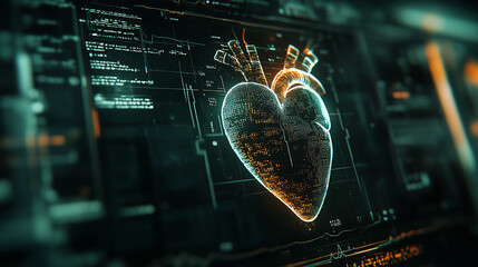 Futuristic medical background with glowing cyan heart rate graph pulsing on a dark digital screen. Includes HUD interface elements and biometric visuals. Minimal layout with caption space on the side.