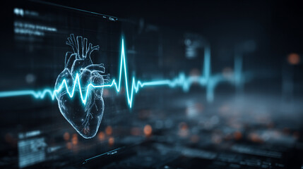 Wall Mural - Futuristic medical background with glowing cyan heart rate graph pulsing on a dark digital screen. Includes HUD interface elements and biometric visuals. Minimal layout with caption space on the side.