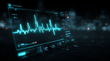 Wall Mural - Futuristic medical background with glowing cyan heart rate graph pulsing on a dark digital screen. Includes HUD interface elements and biometric visuals. Minimal layout with caption space on the side.