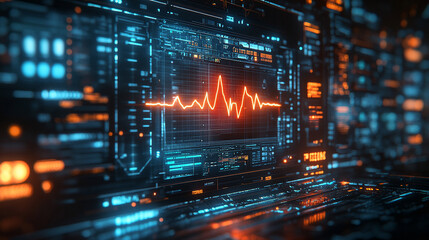 Wall Mural - Futuristic medical background with glowing cyan heart rate graph pulsing on a dark digital screen. Includes HUD interface elements and biometric visuals. Minimal layout with caption space on the side.