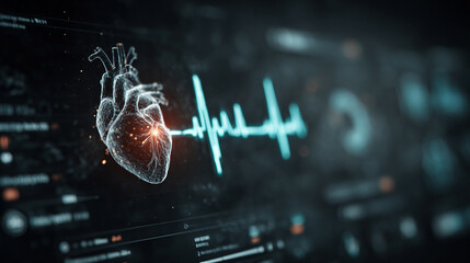 Wall Mural - Futuristic medical background with glowing cyan heart rate graph pulsing on a dark digital screen. Includes HUD interface elements and biometric visuals. Minimal layout with caption space on the side.