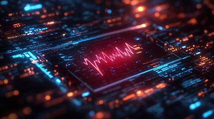 Wall Mural - Futuristic medical background with glowing cyan heart rate graph pulsing on a dark digital screen. Includes HUD interface elements and biometric visuals. Minimal layout with caption space on the side.