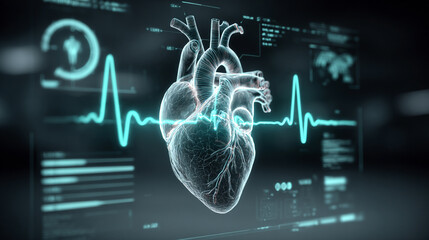 Wall Mural - Futuristic medical background with glowing cyan heart rate graph pulsing on a dark digital screen. Includes HUD interface elements and biometric visuals. Minimal layout with caption space on the side.