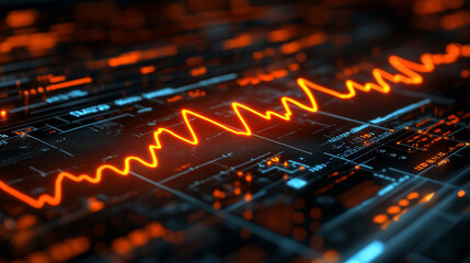 Wall Mural - Futuristic medical background with glowing cyan heart rate graph pulsing on a dark digital screen. Includes HUD interface elements and biometric visuals. Minimal layout with caption space on the side.