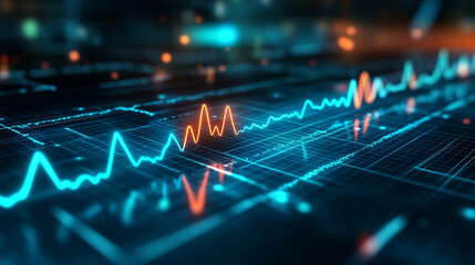 Wall Mural - Futuristic medical background with glowing cyan heart rate graph pulsing on a dark digital screen. Includes HUD interface elements and biometric visuals. Minimal layout with caption space on the side.