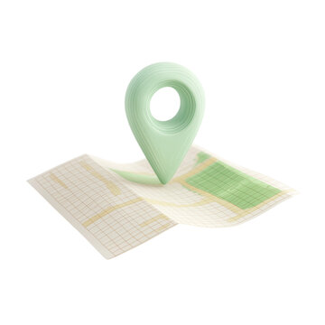 Stylized 3d map pointer on a folded paper map isolated on transparent background
