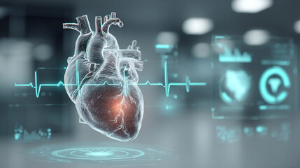 Wall Mural - Futuristic medical background with glowing cyan heart rate graph pulsing on a dark digital screen. Includes HUD interface elements and biometric visuals. Minimal layout with caption space on the side.